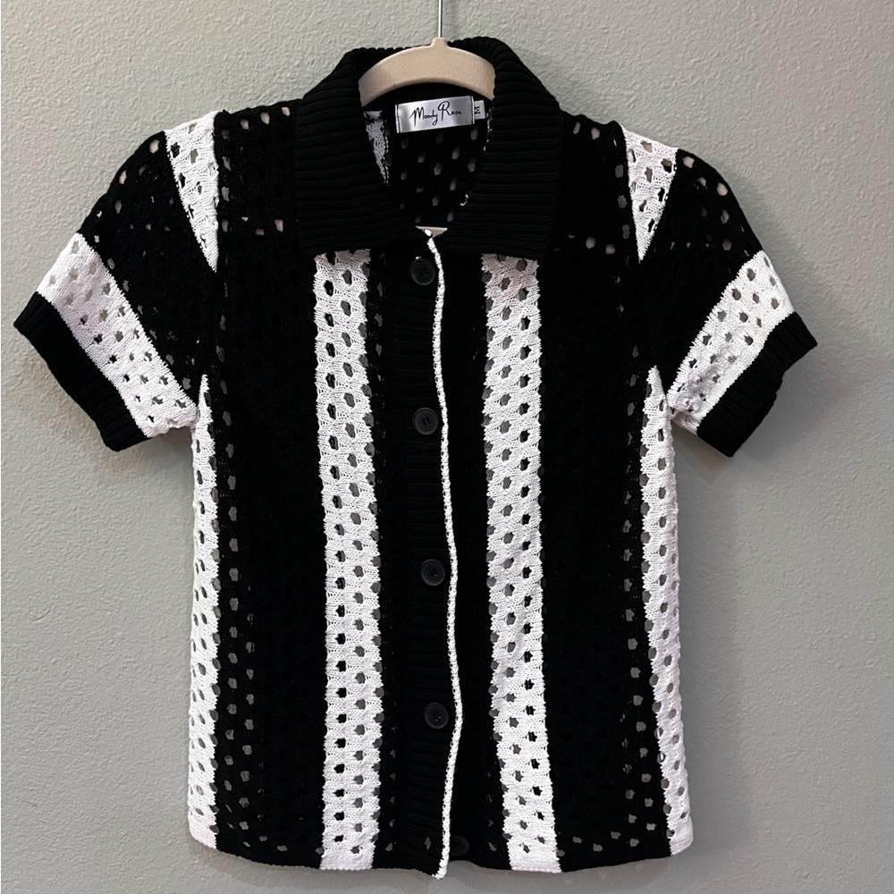 Black and White Knit Button-Up Shirt Cardigan Sweater